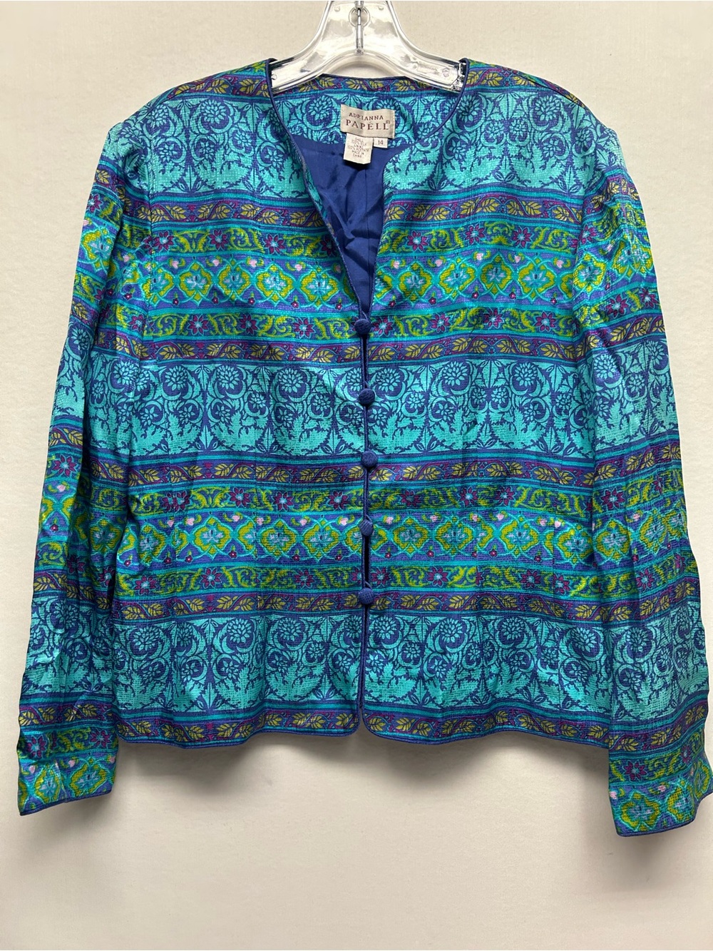 Adrianna Papell Turquoise Blue Printed Button-Front Jacket